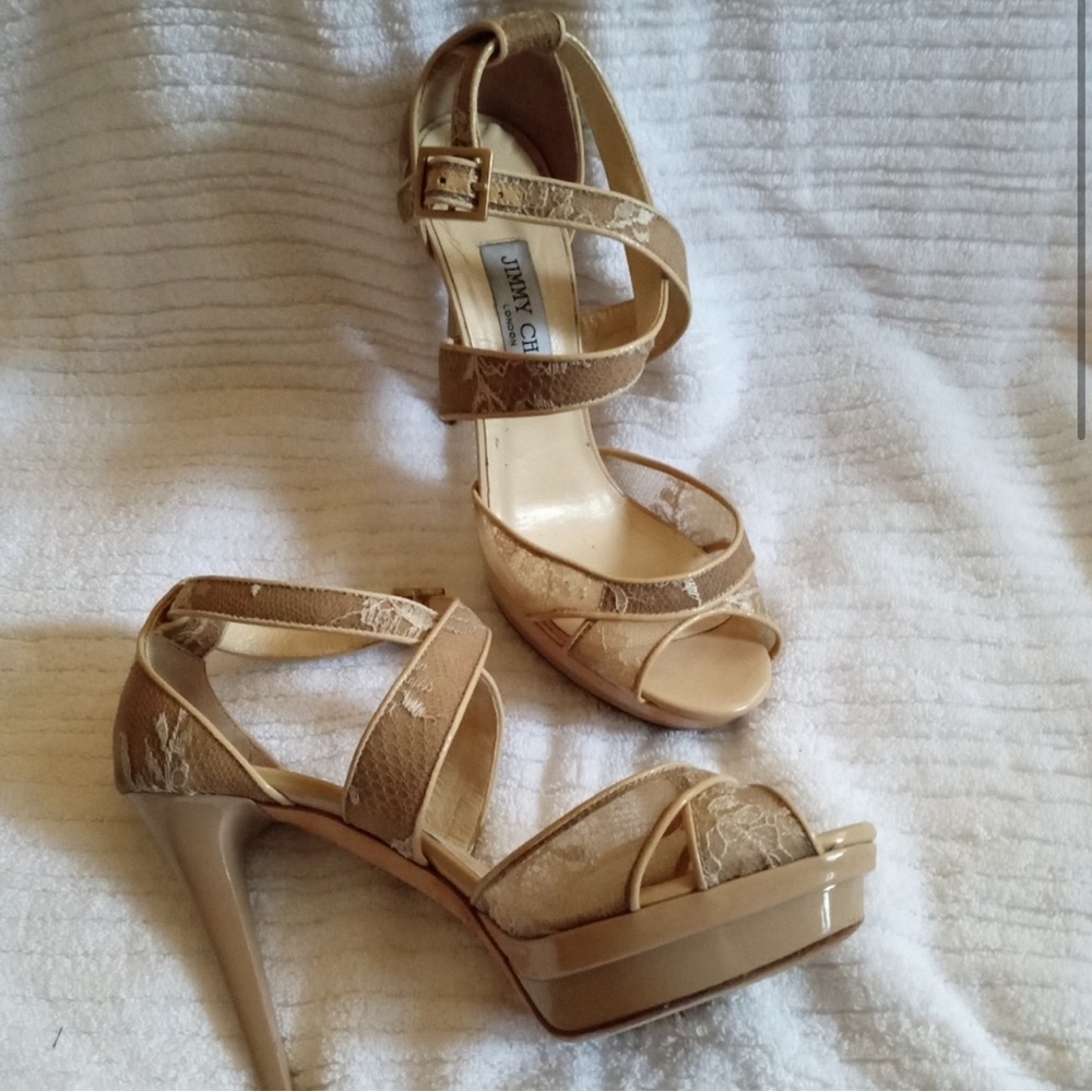 Jimmy Choo Gold Lace Strappy Platform Heels - Picture 2 of 12